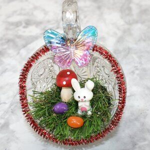 HAND CRAFTED Bunny Mushroom Spring Decor Ornament Upcycled Cup Grass Easter